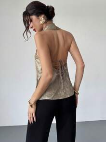 Firerie 女士休闲优雅通勤金色缎面露背高领上衣/新年造型/性感上衣/闪亮上衣/派对上衣/老款风格上衣/金色上衣 - 金色 - 查看 8