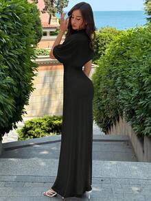 Aloruh Đầm dài thời trang đi làm thanh lịch tối giản thiết kế cạp chun nhiều lớp nhún bèo nhún tôn dáng, thích hợp đi làm, hẹn hò, nghỉ dưỡng - màu đen - Xem 6