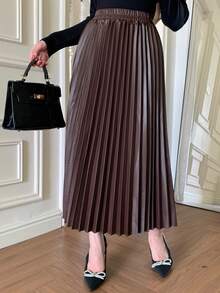 DAZY Women's Fashionable Elegant Waist Elastic Pleated PU Leather Skirt