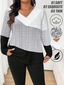 EMERY ROSE Plus Size Women's Tri-Color Casual Minimalist Soft Fleece Pullover Top, Versatile For Commuting, Autumn/Winter - Multicolor - View 1
