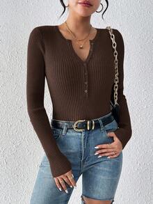 SHEIN Essnce Suéter con botones delanteros de media altura de punto acanalado, parte superior de manga larga para otoño/invierno - Café integral - Ver 6