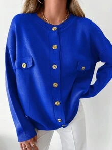 EURMUSE Solid Color Drop Shoulder Cardigan - Blue - View 3