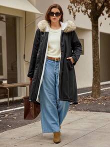 Easura Abrigo largo de invierno para mujer talla grande con mangas largas, capucha y cuello de piel desmontable, y bajo asimétrico