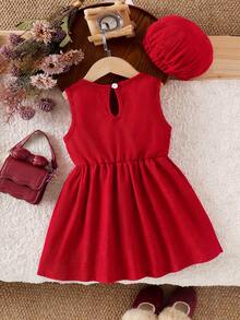 SHEIN Playful Pals 3pcs Baby Girls Plaid Flutter Sleeve Cardigan, Sleeveless Dress & Hat Set, Fashion Children Outfit For Spring/Autumn Baby Girl Christmas Outfit Christmas Baby Girl Dresses Toddler Red And White Dress 2pcs Set Toddler Girls Baby Girl Spring Fall Outfit Princess Halloween Party Set - Red - View 5