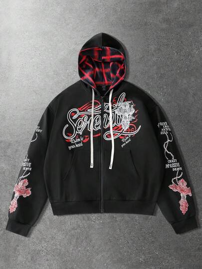 Street Life Sudadera con capucha unisex con estampado de cruz, gráfico de texto en inglés oscuro, casual para otoño/invierno