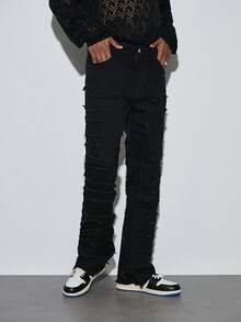 Modcrash Jeans ajustados con parches elásticos, estilo de gato con bigotes, desgastados, con vuelo, estilo emo para primavera a verano - Negro - Ver 3