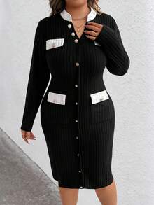 EMERY ROSE Plus Size Color Block Stand Collar Raglan Sleeve Button Front Ribbed Casual Fitted Elegant Dress - Burgundy - View 5