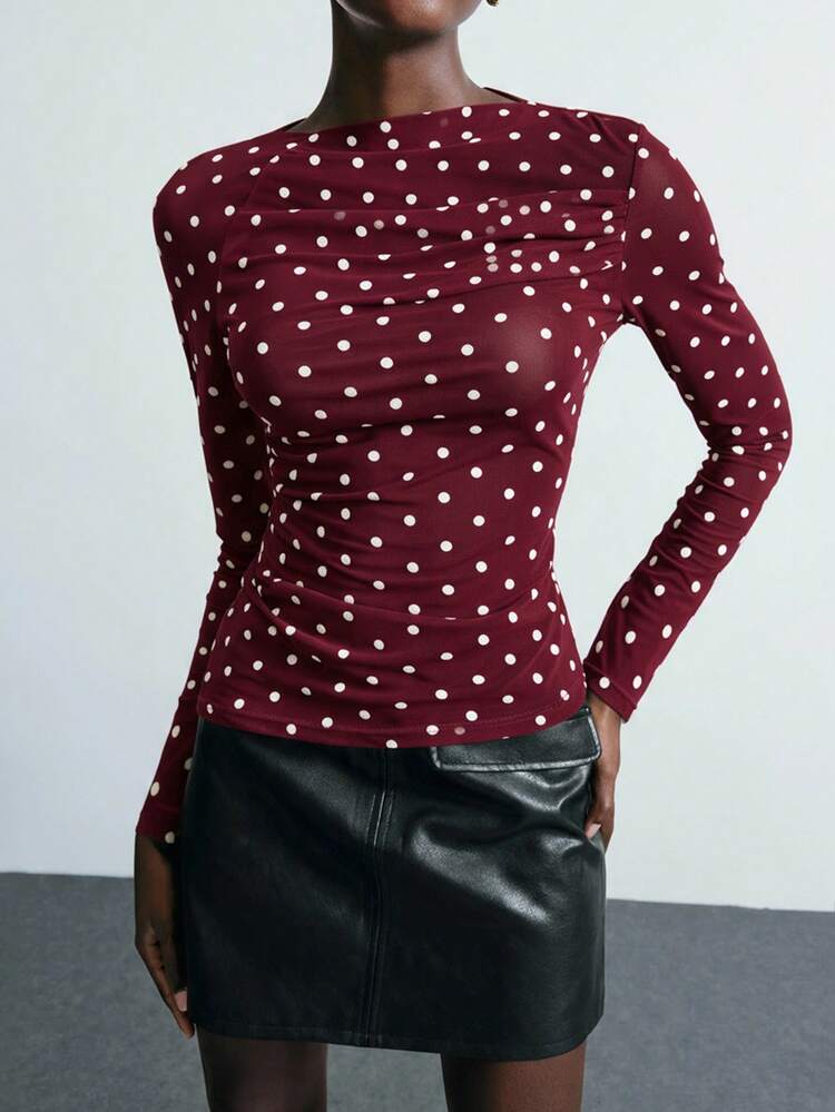 SHEIN Maija 2025 Sequin Off Shoulder Fitted Long Sleeve T-Shirt, White Apricot Color, Suitable For Early Autumn Party Season