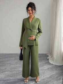 Momance 女士优雅领口 V 领长袖独特腰带夹克和直筒阔腿裤孕妇装两件套 - 綠色 - 查看 9