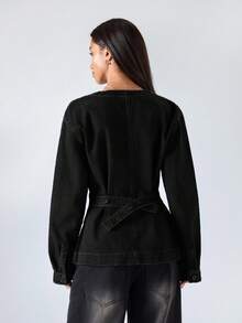 LYSMO Women's Fashion Front Button Waist Denim Blouse - Black - View 2