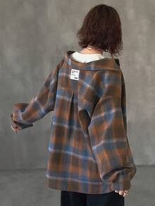 FRIFUL 女式绿色格子面料背面撞色编织标签装饰落肩长袖宽松休闲百搭时尚衬衫，秋季 - 棕色 - 查看 3