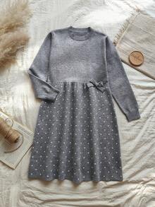 Vintaside Kids Girls' Elegant Bow Knitted Dress - Dark Grey - View 1