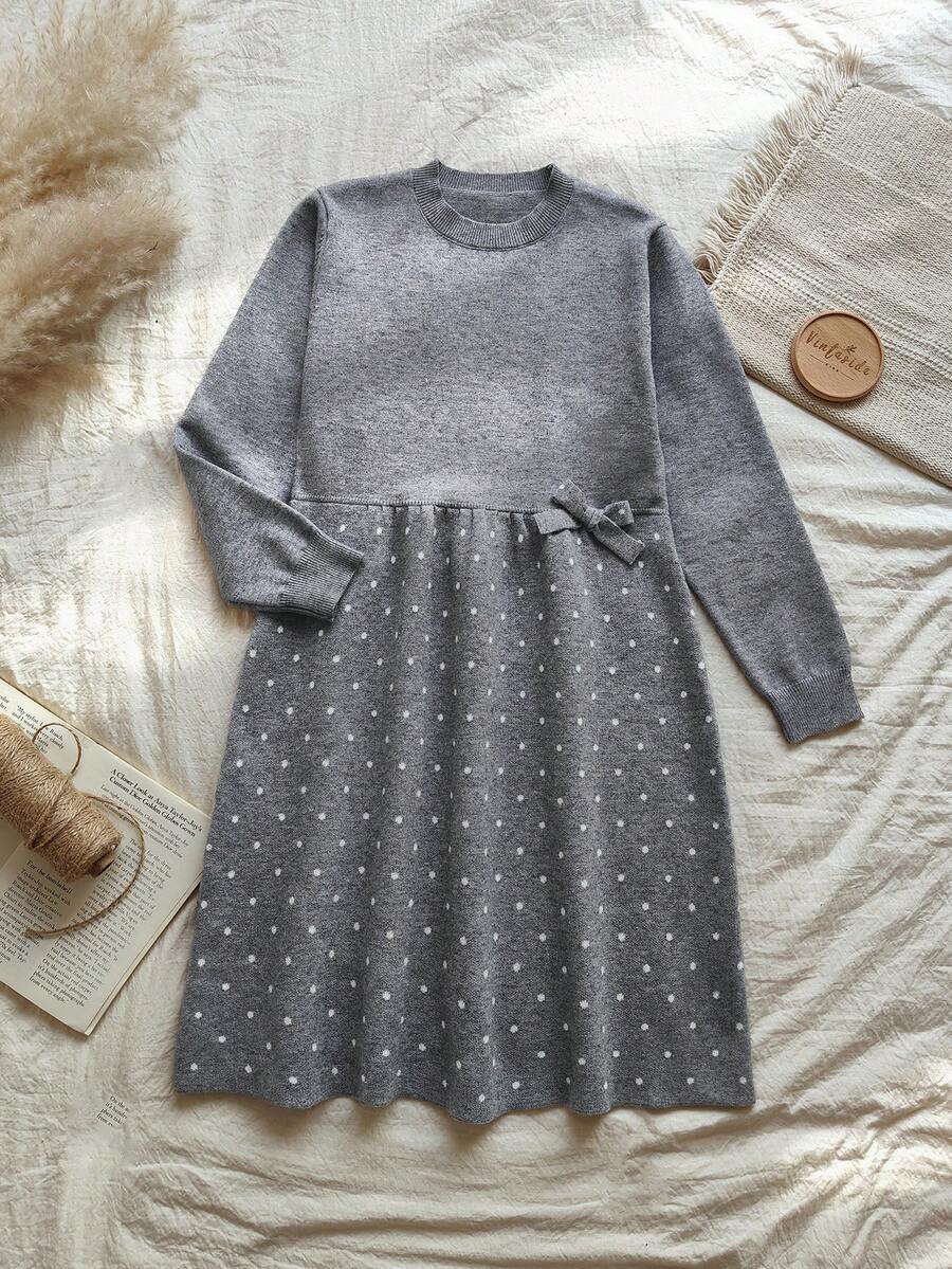 Vintaside Kids Girls' Elegant Bow Knitted Dress - Dark Grey - View 1