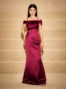 缎面和网眼拼布无袖紧身连衣裙，高端青少年风，适合婚礼、舞会、生日派对、返校节、毕业典礼、圣诞节、万圣节 - 酒紅色 - 查看 1