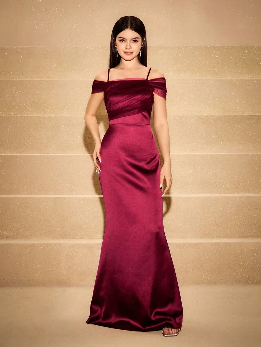 缎面和网眼拼布无袖紧身连衣裙，高端青少年风，适合婚礼、舞会、生日派对、返校节、毕业典礼、圣诞节、万圣节 - 酒紅色 - 查看 1