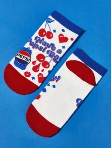 PEPSI X SHEIN 3 đôi tất cổ ngắn màu trắng và đen mềm mại, thoáng khí, thấm hút mồ hôi, họa tiết anh đào, thời trang và dễ thương, mũi và gót được gia cố, bền chắc, phù hợp cho cả nam và nữ, mọi mùa, mùa hè, mùa đông - Nhiều màu - Xem 7