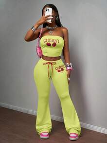 Slaydiva Conjunto de 2 piezas de top tubo sin mangas y pantalones acampanados con estampado de cerezas, de tela elástica de punto en color rosa, estilo retro americano, para fiestas, vacaciones, playa, estilo casual diario, festival de música bohemio, primavera/verano 2025 - Amarillo claro - Ver 4