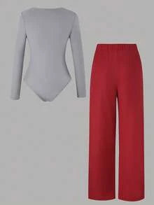 Set de 2 piezas: Top body de unicolor informal + Pantalones de pierna ancha para niñas preadolescentes, otoño e invierno - Multicolor - Ver 2