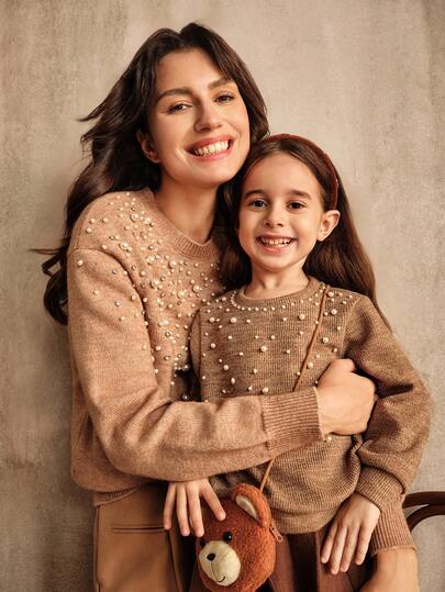 Anewsta Modischer Strickpullover für Kleine Mädchen, Langarm Rundhals Handarbeit mit Perlendesign, vielseitig für Herbst/Winter