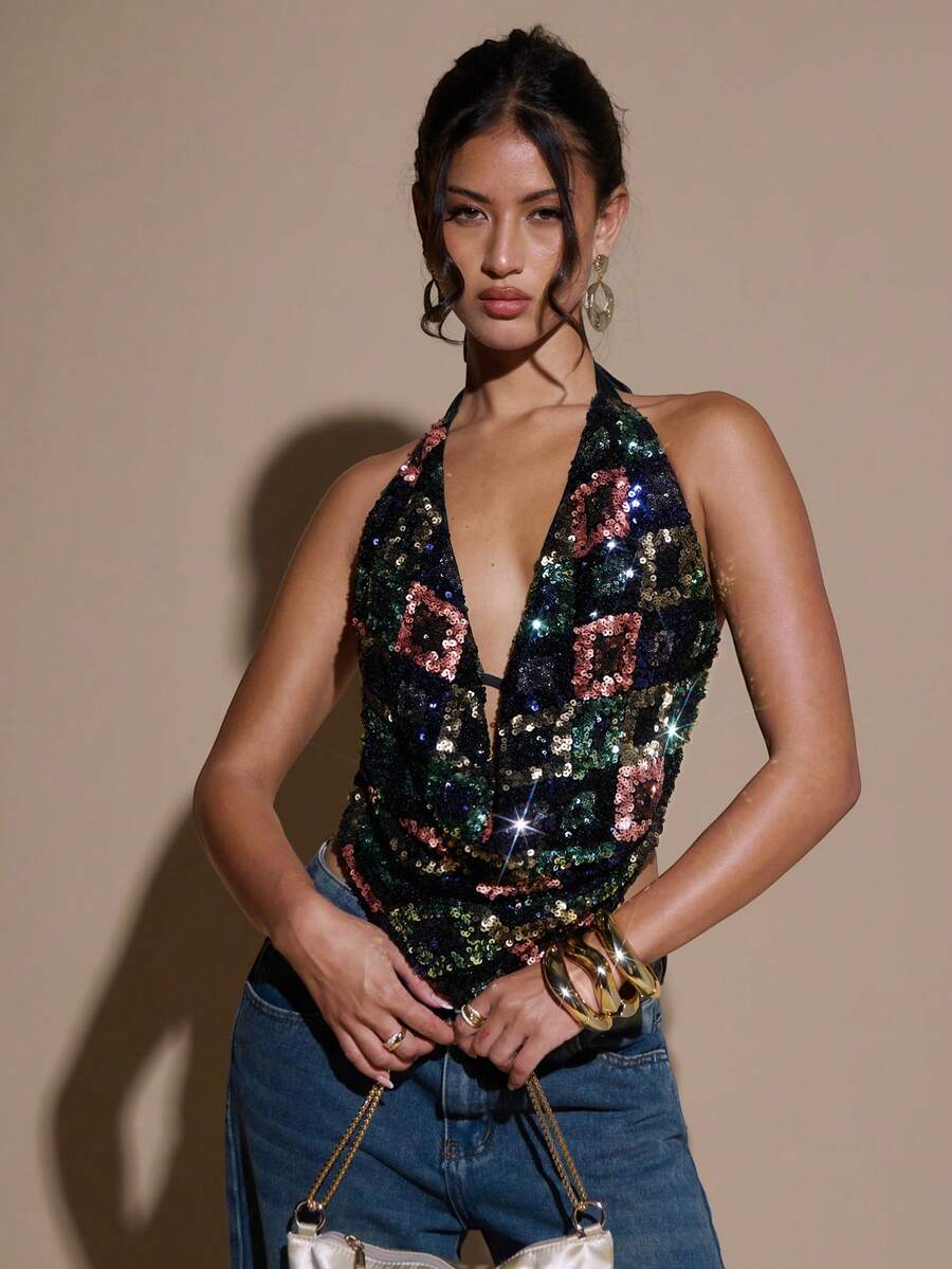 SHEIN BAE 女士黑色菱形图案露背系带吊带上衣,适合鸡尾酒会、夜生活、节日、圣诞节等场合。 - 黑色 - 查看 1