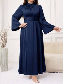 Modelyn Plus Size Elegant Solid Color Bell Sleeve Dress, Suitable For Party - Navy Blue - View 5