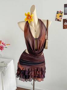 Soleia Women's Sexy Tie-Dye Print Halter Backless Knotted Ruffled Hem Mini Dress, Summer - Multicolor - View 3