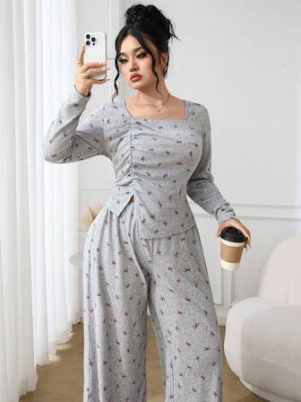 Feyla Plus Size Women 2pcs Set, Printed Minimalist Long Sleeve Top And Pants