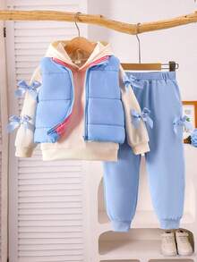 3 件套女童休闲可爱日常服装，包括蓝色连帽长袖运动衫、粉色蝴蝶结背心、圆领套头衫和裤子，时尚冬季儿童户外服装 - 藍色 - 查看 7