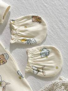 Loomiva 5pcs Newborn Baby Boy/Girl Cute Bear Pattern Comfortable Outfit Set - , Jumpsuit, Hat, Swaddle Blanket, Mittens