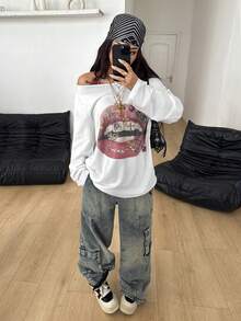 Coolane Women's Fall  Streetwear Daily Wear Casual Vintage Homecoming Y2K Graphics Comfortable Asymmetrical Neck Off The Shoulder Long Sleeve T-Shirt
