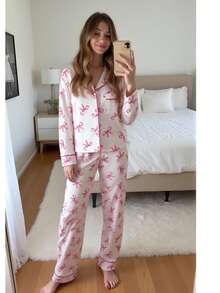 2pcs Girls Cute Bow Print Cardigan And Pants Comfortable Pajama Set - Multicolor - View 1