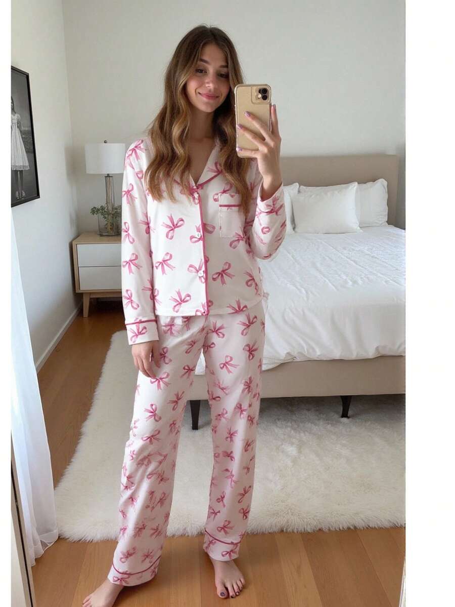 2pcs Girls Cute Bow Print Cardigan And Pants Comfortable Pajama Set - Multicolor - View 1