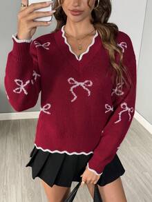 Easowa Women's V-Neck Drop Shoulder Long Sleeve Casual Bowknot Pattern Jacquard Knit Pullover Sweater,Burgundy,Autumn,School,Back-To-School Ugly Christmas - Multicolor - View 2