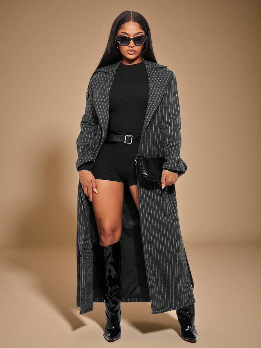 Radiana 灰色条纹羊毛风衣外套，长款羊毛大衣，冬季通勤时尚长款大衣长款细条纹西装外套女款细条纹大衣条纹风衣 - 深灰色 - 查看 1