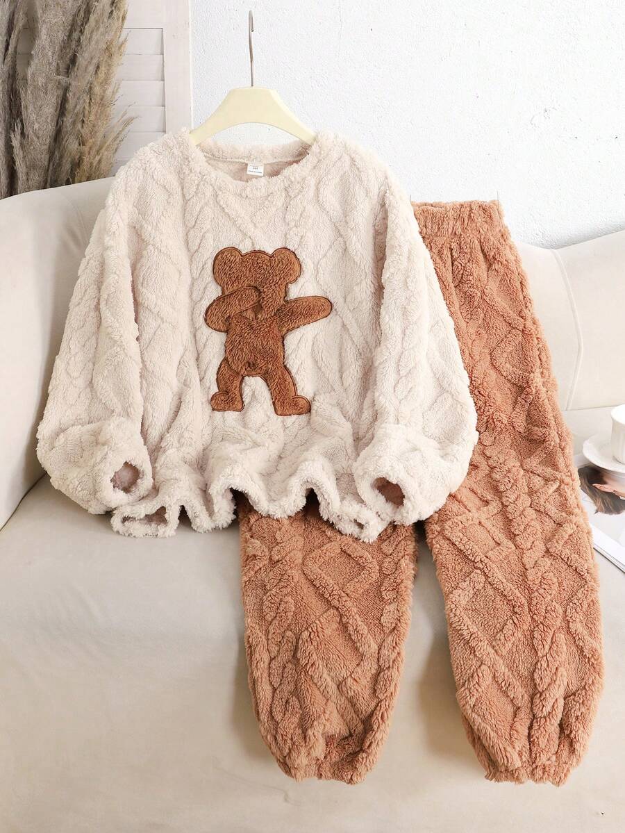SHEIN Tween Girl Khaki Cute Cartoon Bear Embroidered Crew Neck Long Sleeve Top And Soft Comfortable Brushed Fleece Pajama Pants Set, 2pcs, Autumn/Winter