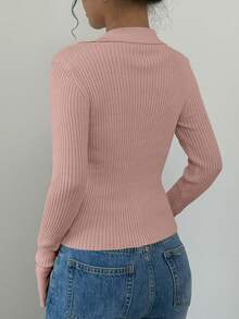 Selianne 女式秋冬翻领喇叭袖修身罗纹针织开衫 - 粉色 - 查看 2