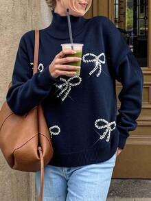 EURMUSE 别致的海军蓝针织毛衣，饰有精致的珍珠蝴蝶结装饰，尽显优雅气质 - 藏蓝色 - 查看 1