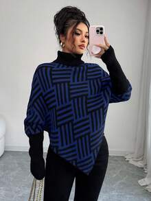Elenzga Women's Elegant High Neck Geometric Textured Poncho Sweater, Colorblock, Suitable For Home & Travel, Spring/Autumn - Blue - View 5
