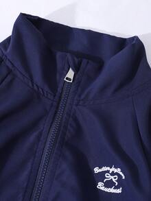 SHEIN Sparklyn Girls' Casual Versatile Outfit Set, With White Letter Embroidery On Front, White Ribbon Bow On Sleeve & Pant Sides, Elastic Cuffs & Hem, Suitable For Autumn/Winter Outings, Can Be Paired With T-Shirts & Long Sleeves