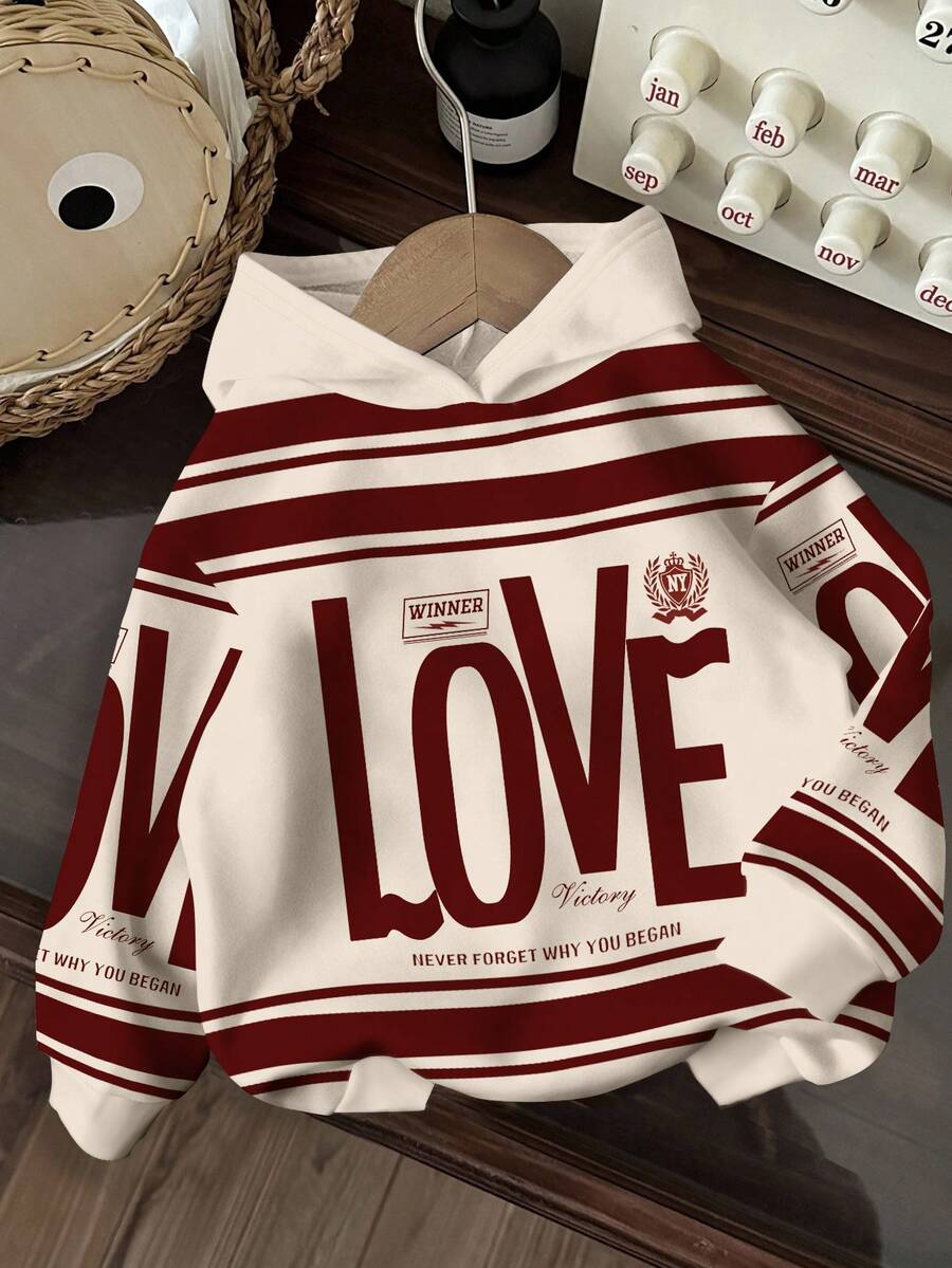 SHEIN EZwear 休闲街头风酒红色爱心印花卫衣，适合秋冬季外出穿着 - 彩色 - 查看 1