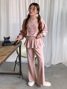 DAZY 女童刺绣圆领针织运动衫套装，青少年女孩秋季服装 - 粉色 - 查看 5