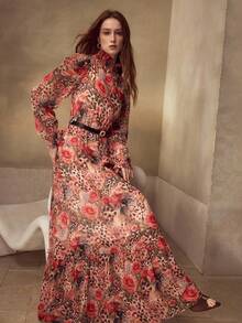 MOTF PREMIUM WOMEN'S ROSE & LEOPARD PRINT ELEGANT DRESS WITH FAUX PEARL BELT, SUITABLE FOR VACATION - Brown - View 4