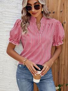 Calvaya Women Leisure Striped Print Notched Collar Bubble Sleeve Shirt For Summer - Burgundy - View 3