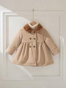 Souflis Souflis Baby Girl 6 Months-3 Years 1pc Fall Elegant Daily Style Button Coat Outing, Long Sleeves Peter Pan Collar Fleece Trench Coat