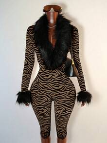 Mistrie 女式斑马纹长袖毛领连体裤 - 棕色 - 查看 3