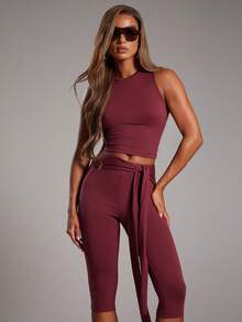 NYA SZN Women Set Matching Set (Top & Pant) Top Crop Pant Mid Rise Capri Bow Detail Fitted Bodycon Night Out Date Event Cute Y2K Fall Winter Suitable For Commuting Statement Valentines Day Carnival Outfits For Women - Green - View 3