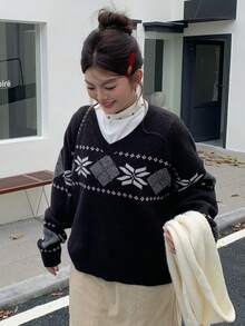 Dazy Plus Suéter de Navidad con escote en V, estampado jacquard de retazos de colores contrastantes para mujer talla grande, otoño/invierno, Año Nuevo - Negro - Ver 3