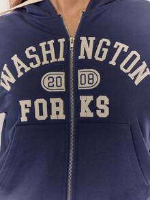 MUSERA Applique "Washington Forks" Zip Through Hoodie Tracksuit Top Only Winter Cute Casual Cosy - Navy Blue - View 6