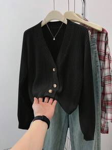 SHEIN Teen Girls' Solid V-Neck Cropped Casual Loose Drop Shoulder Long Sleeve Cardigan Sweater, Autumn - Black - View 7