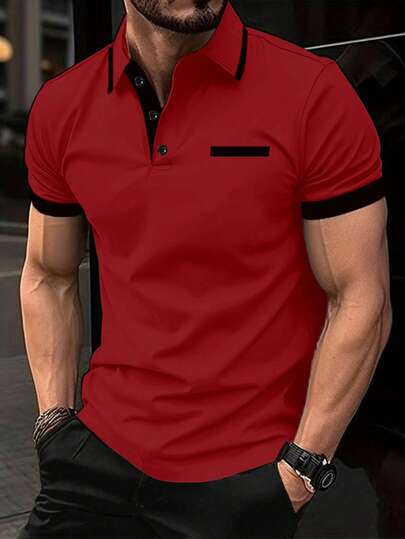 Manfinity Homme 男士撞色滚边休闲短袖 Polo 衫，夏季红色男士 Polo 高尔夫球衫拉链 Polo 衫红黑衬衫男士 Polo 衫